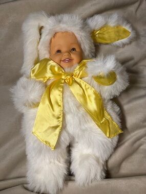 Plush Bunny Baby Doll in Cream Fur with Yellow Satin Bow- vintage Anne Geddes